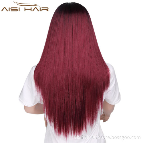 Aisi Hair New Arrivals Long Straight Wigs Heat Resistant Synthetic Ombre Wine Red Wigs For Black Women